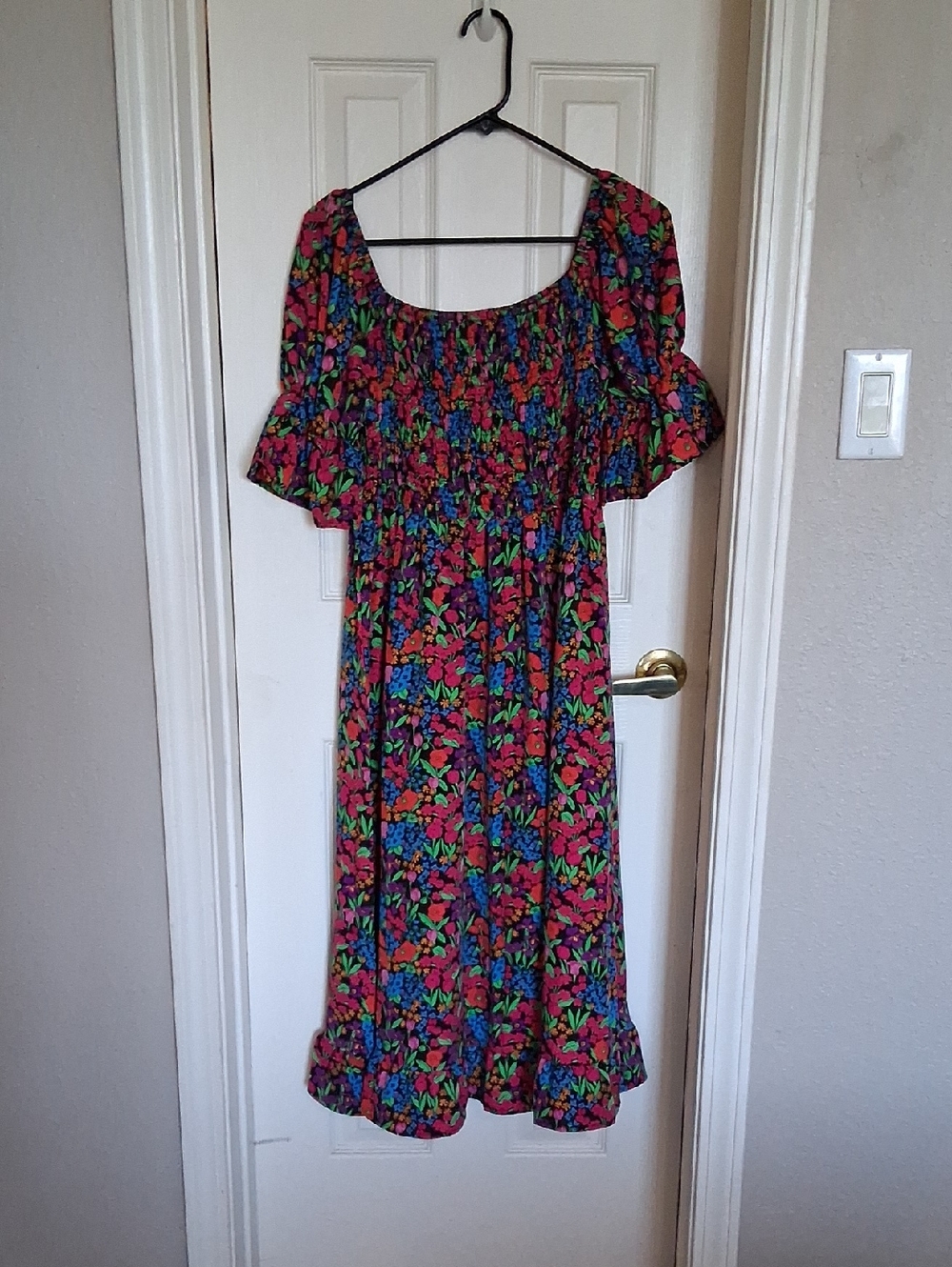 Smocked Square-Neck Midi Dress in Multi Floral